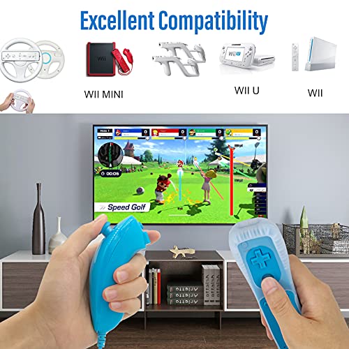 Wii מרוחק עם תנועת Wii Plus Inside | זעזוע Wii Nunchuk Controller Gamepad עם מארז סיליקון ורצועת כף היד תואמת Nintendo Wii, Wii U Blue